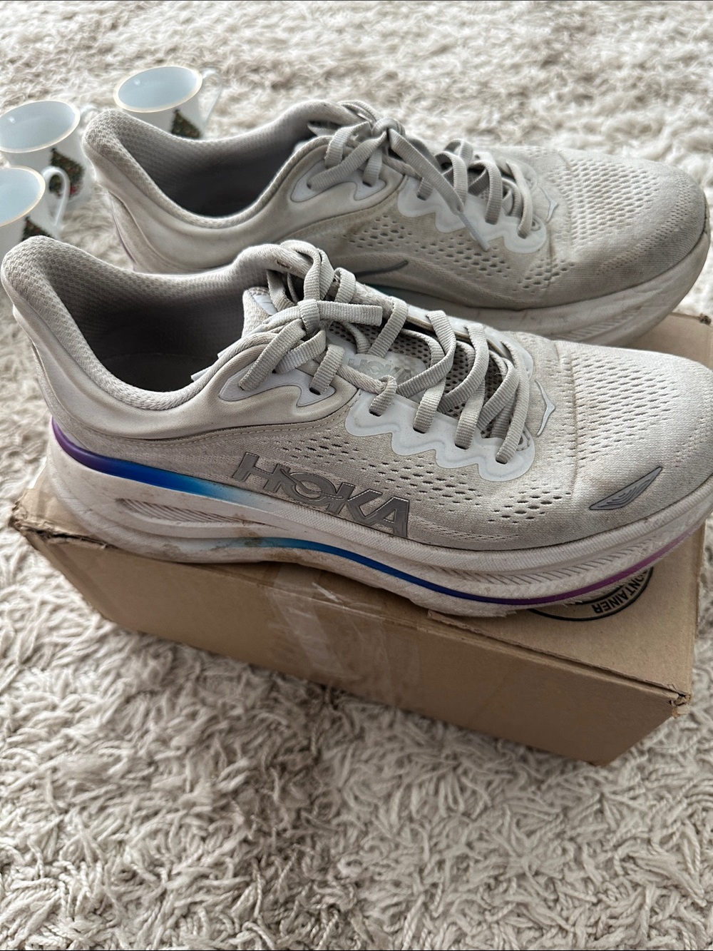 Hoka Women's Bondi 9 Shoes in Light Gray with Iridescent Accent